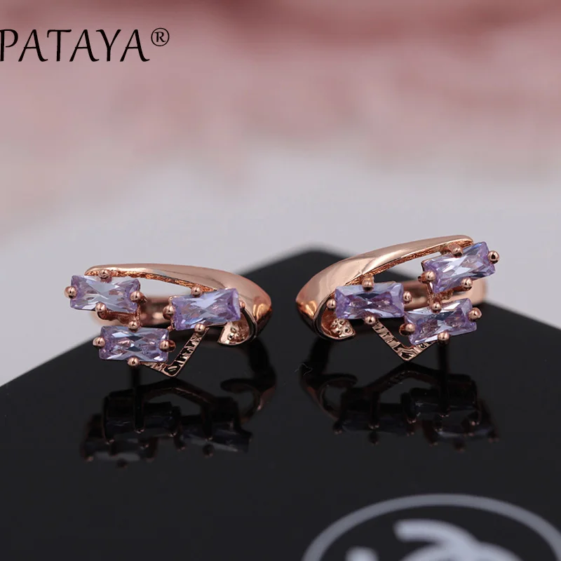 Эксклюзивные Разноцветные серьги PATAYA из розового золота 585 пробы, зеленый квадратный натуральный кубический цирконий, висячие серьги для женщин, хорошее богемное ювелирное изделие - Окраска металла: purple