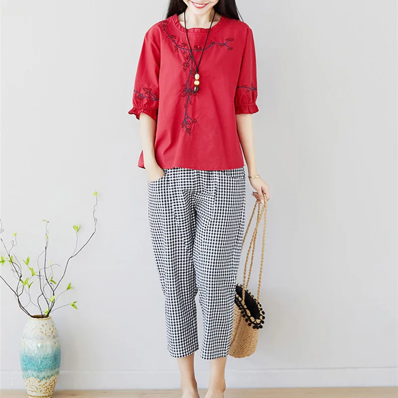 Saiqigui 2019 spring summer Women Sets Casual loose Cotton Linen two piece set T-shirt + Ankle-Length Pants conjuntos mujer | Женская