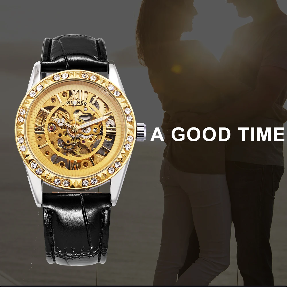 T-WINNER Women Luxury Automatic Mechanical Watch Leather Strap Roman Number Skeleton Dial Crystal Decoration Bezel Design + BOX | Наручные