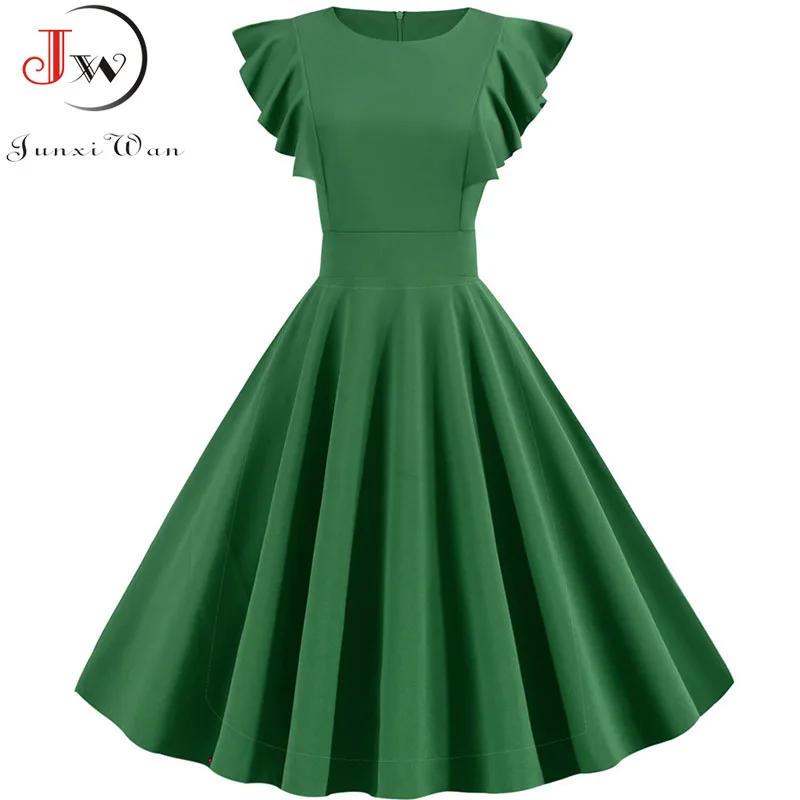 green Женское винтажное летнее платье 50s 60s однотонное элегантное вечернее платье с рукавами-лепестками женское платье размера плюс повседневное миди Vestidos - Цвет: green
