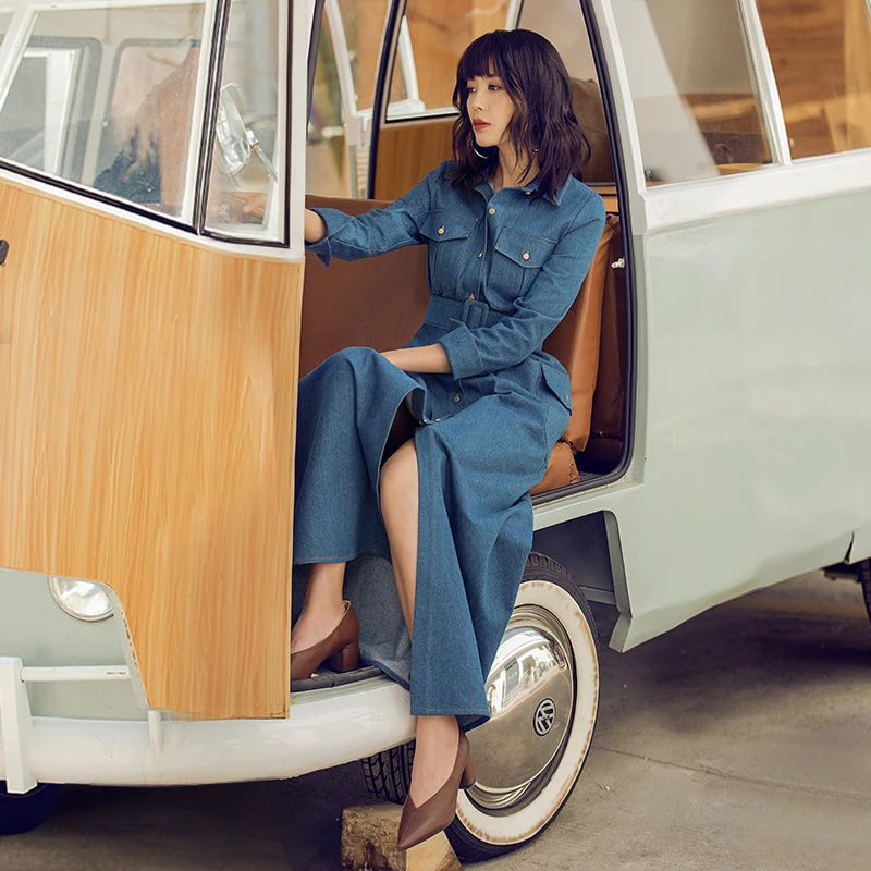 VERRAGEE женское ТРАПЕЦИЕВИДНОЕ джинсовое платье 2019 Весна Зима винтажное длинное