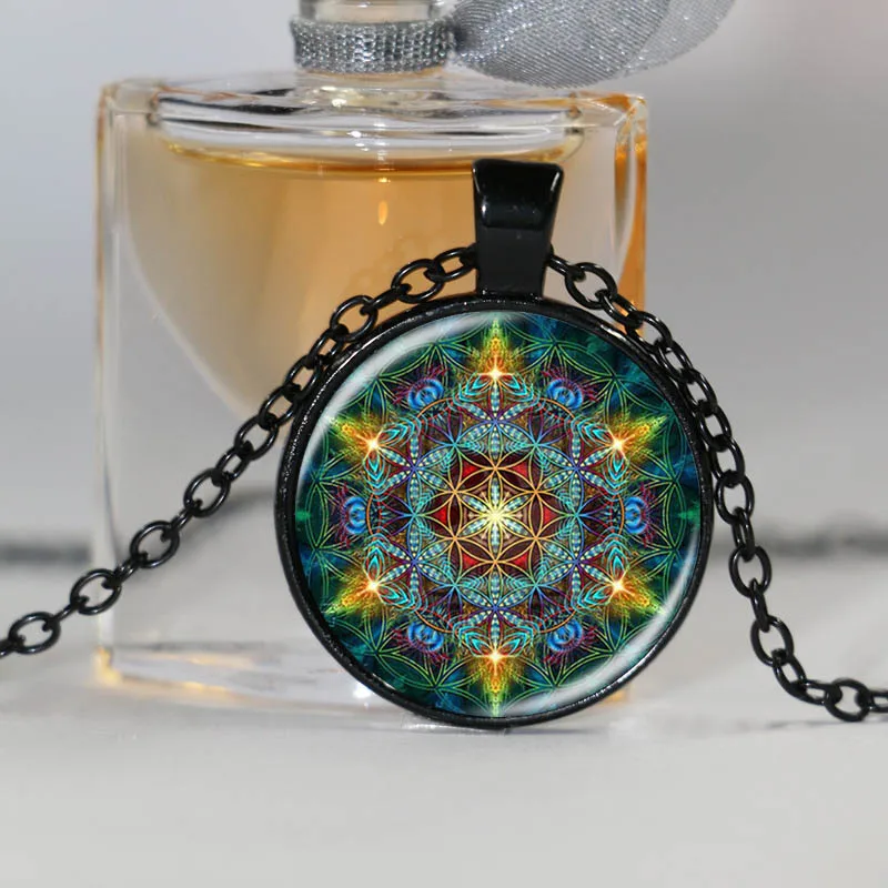 Многоцветный кулон цветок жизни Ожерелье Серебряная цепочка массивное длинное