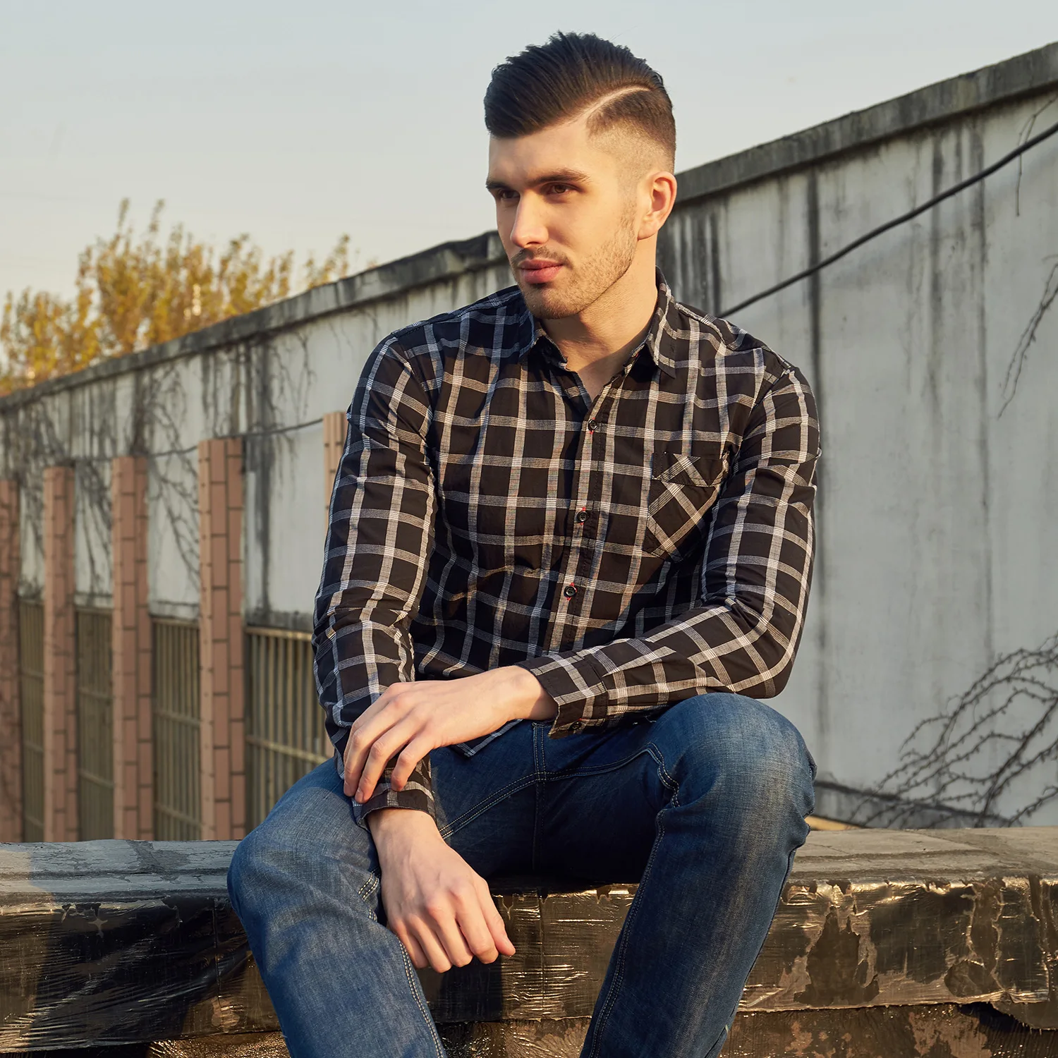 VOMINT Для мужчин одежда Slim Fit Для мужчин рубашка с длинными рукавами Для мужчин плед хлопок Повседневное Для мужчин рубашка социальной Размеры M-3XL