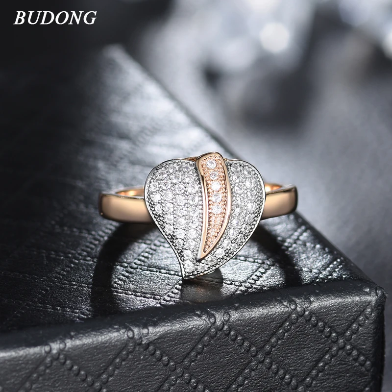 Женское кольцо с сердечком BUDONG Золотое в подарок на Рождество XUR640|Обручальные