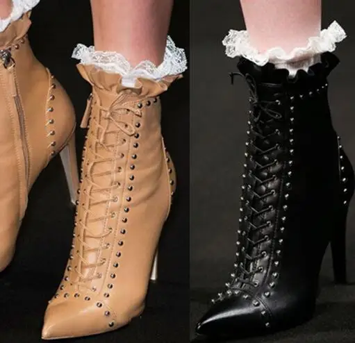 LTTL/Брендовые ботильоны для женщин с заклепками кожаные полусапожки острым