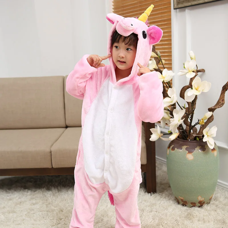 Pink Pegasus Детские пижамы кигуруми в виде животных; зимняя теплая пижама для девочек и мальчиков; детская пижама с единорогом, ститчем и пандой; милый комбинезон с капюшоном для костюмированной вечеринки; одежда для сна - Цвет: Pink Pegasus