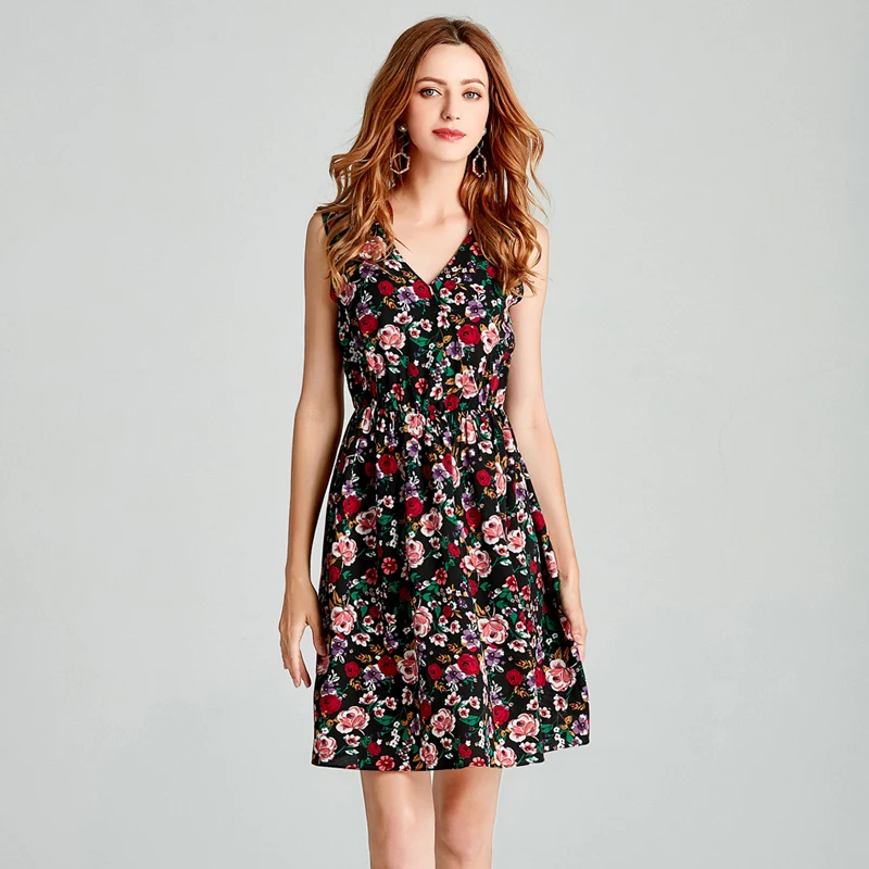 Платье LERFEY женское без рукавов с треугольным вырезом цветочным принтом поясом