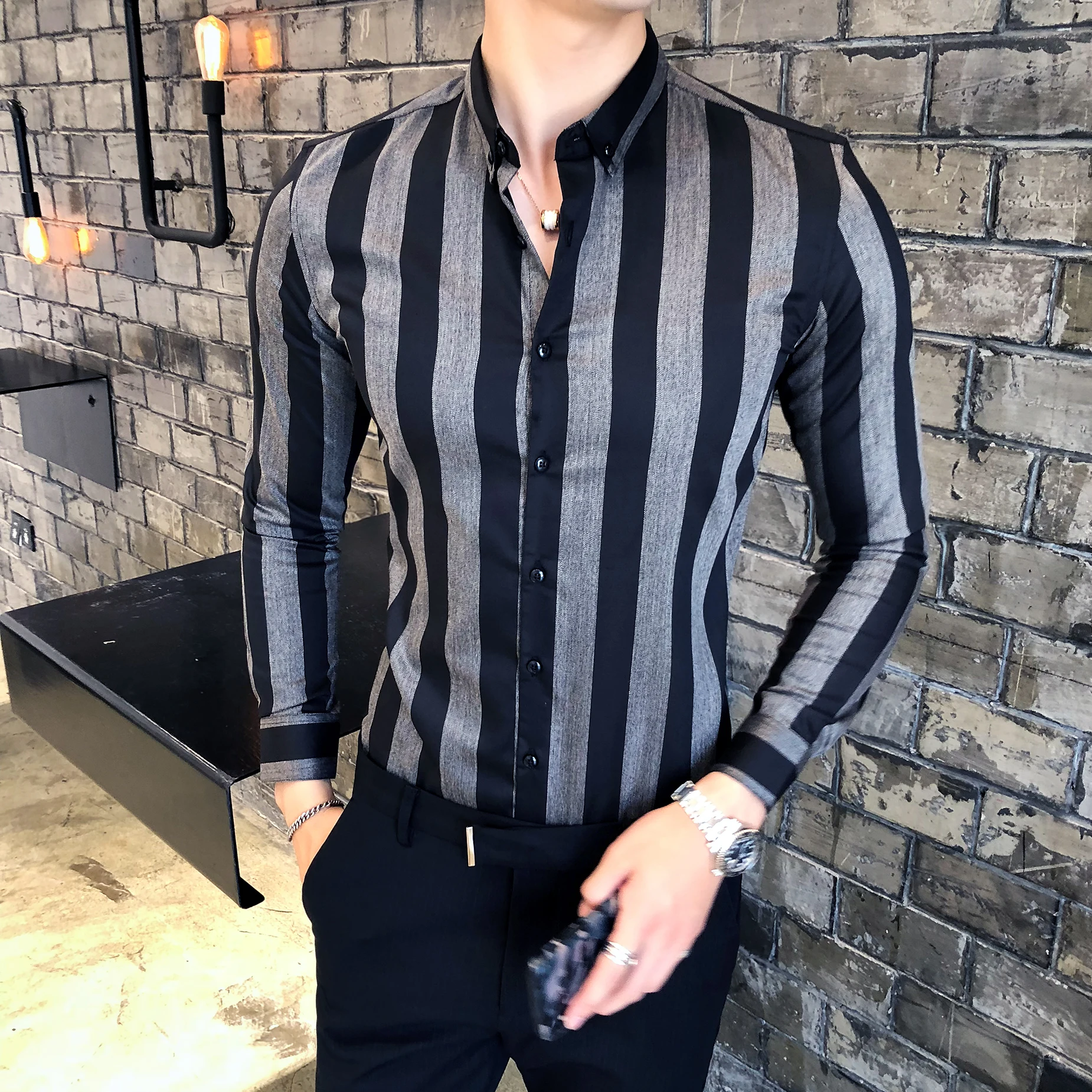 

Men's Spring and Autumn Stripes Fashion Casual Men's Shirt Social Dance Party High Quality Long Sleeve Shirt Slim Shirt 3XL