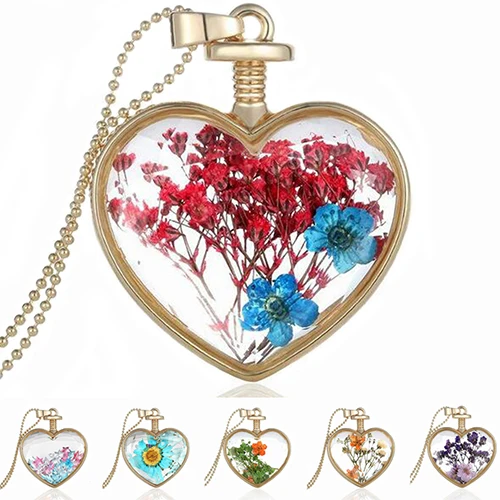 Женское Сердце Love Charm кулон с высушенным цветком колье Золотая цепь подарок