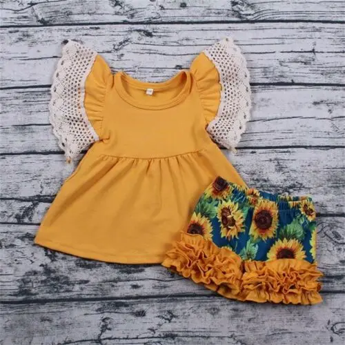 Одежда для девочек 2 шт. одежда маленьких детское платье с оборками топы брюки