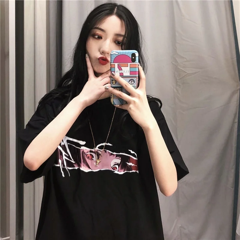 HAHAYULE корейская мода Ulzzang аниме лицо черная футболка Harajuku стиль негабаритных тройник готическая одежда в стиле гранж