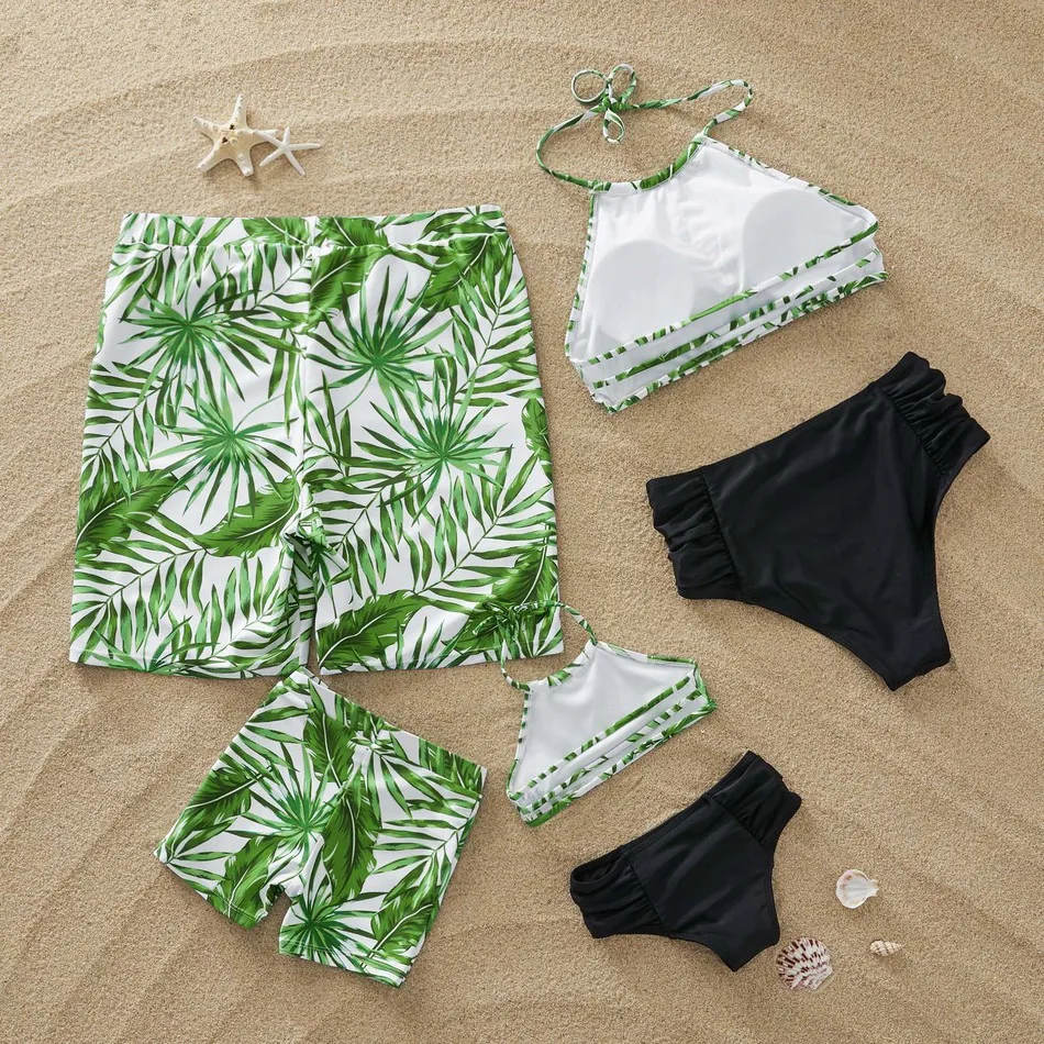 Семейный купальник мама и я тропический зеленый лист для мамы дочки мужские