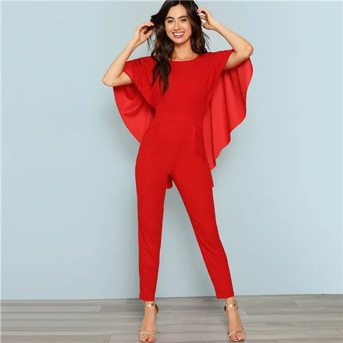 SHEIN красный комбинезон с открытой спиной и открытыми плечами, элегантный эластичный комбинезон с накидкой на рукавах, Женский Осенний комбинезон Highstreet - Цвет: Красный