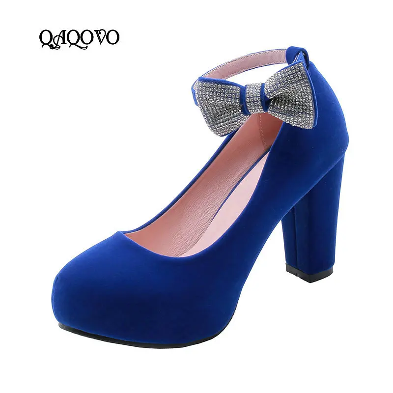 2019 New Female Flock Platform High Heels Bow Knot Square Pumps Buckle Spring Autumn Shoes Blue Red Black | Обувь