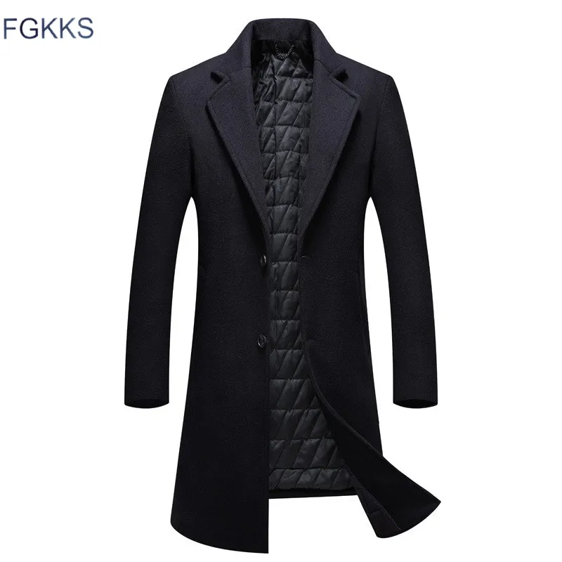 FGKKS, мужское зимнее шерстяное пальто,, Мужская Новая мода, однотонный цвет, теплый, толстая шерсть, смесь шерсти, бушлат, мужской Тренч, пальто