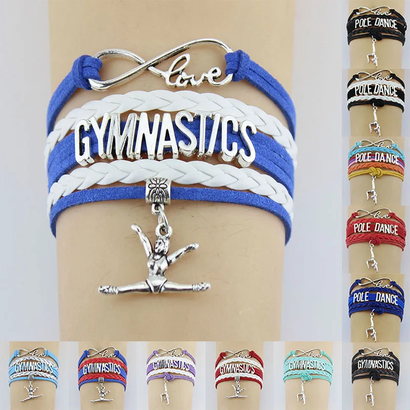 10PC/lot Gymnastics Pole Dance Sports Love Antique Silver Plated Charm Bracelets Women Men Girl Boys Jewelry Gift Styles