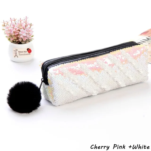 Pink plus white Милый чехол-карандаш с блестками для девочек, школьные принадлежности, чехол-карандаш с помпоном, школьные канцелярские принадлежности, подарок, милый пенал, чехол-карандаш - Цвет: Pink plus white
