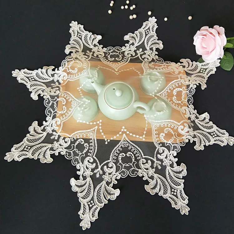 

European Luxury Mesh Embroidery Lace Octagonal Tablecloth Coffee Tea Table Cloth Mat Placemat Lamp Pad Furniture Decoration