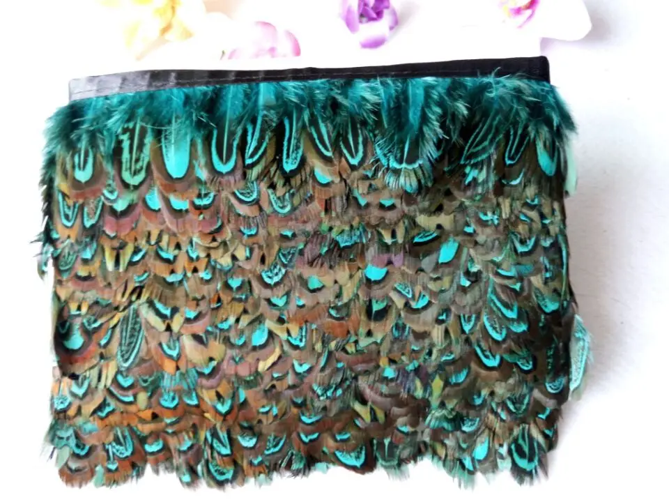 Тканевый пояс с перьями фазаны Синий тканевый длиной 10 метров ширина около 50 мм