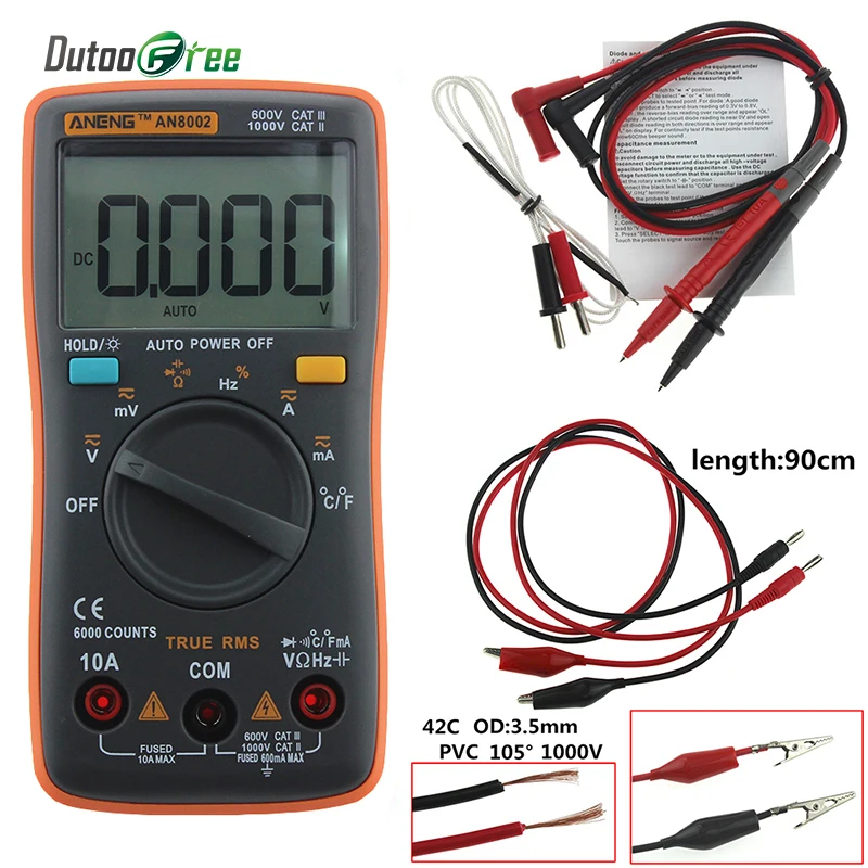 Dutoofree AN8002 Цифровой мультиметр 6000 отсчетов Подсветка AC/DC Амперметр Вольтметр Ом