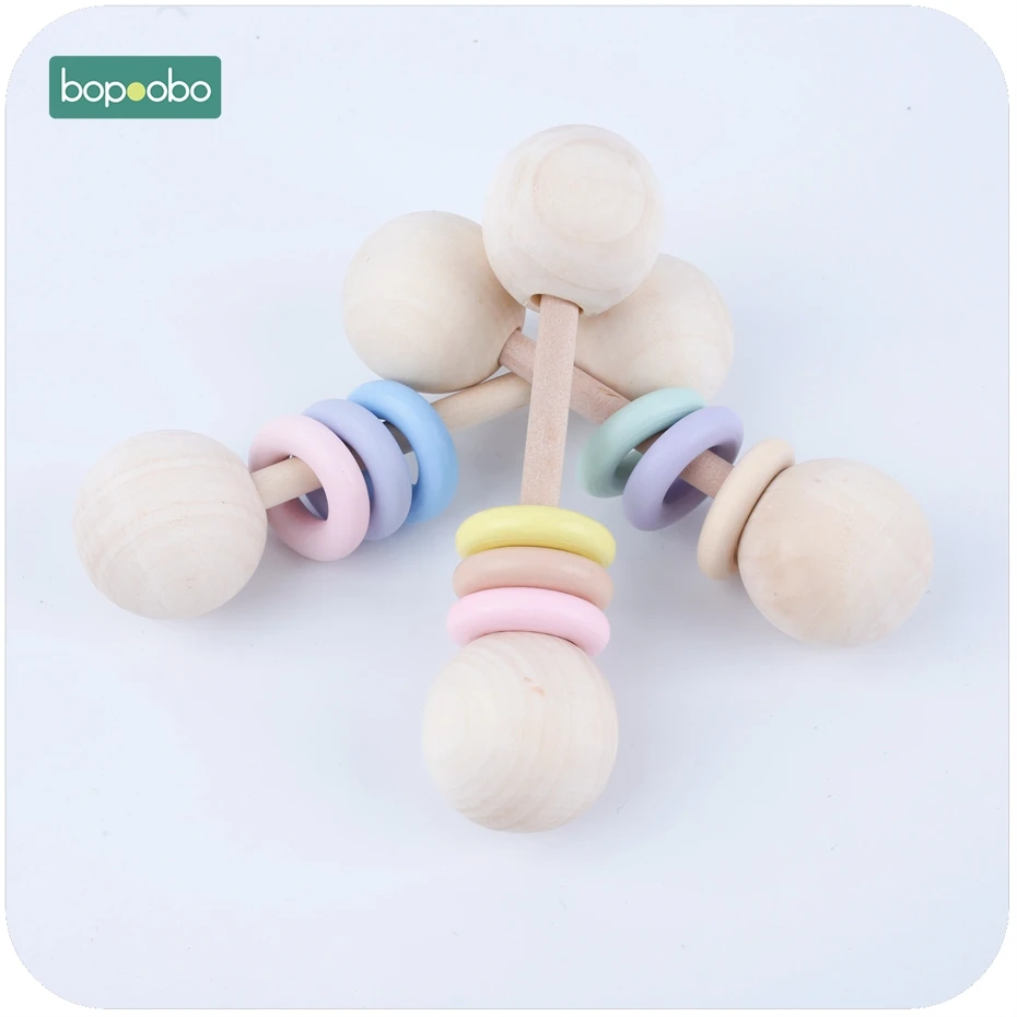 

Bopoobo 3pcs Baby Toys Teething Wooden Ring Play Gym Baby Teether Chew Montessori Stroller Toy Pram Shower Gifts Baby Rattles