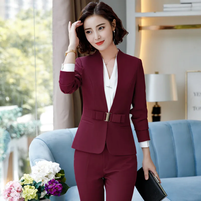 red top and pant Элегантный Feminino деловой пиджак платье костюм плюс размер 4XL платье для офиса комплект Женский блейзер Униформа с длинным рукавом - Цвет: red top and pant