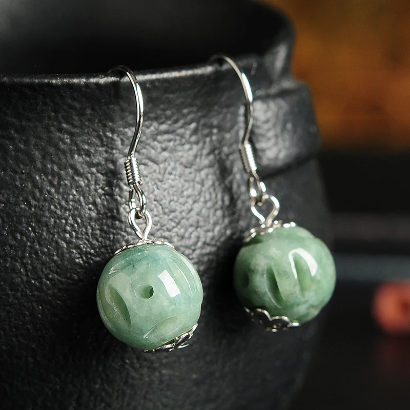 925 silver inlaid natural A goods Tou Le jade Transshipment bead earrings Burmese women hollow Beads Earrings | Украшения и