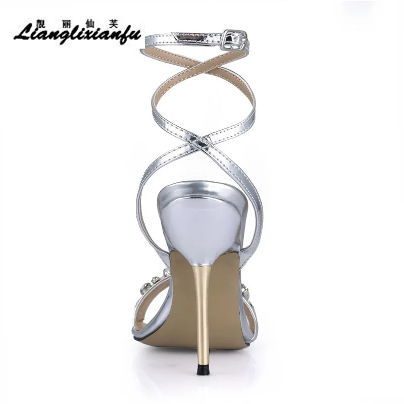 

LLXF Stiletto Summer 11cm Thin Heels Cross strap shoes woman Gold Sliver Diamonds Pumps Party sandals sexy sandalias mujer