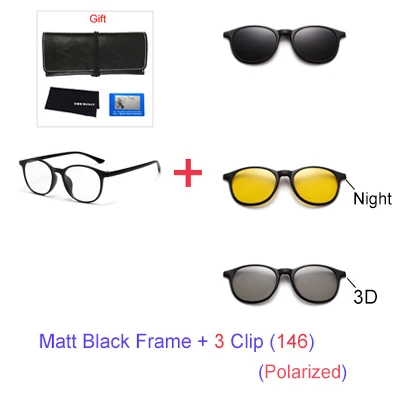 TWO Oclock Magnet Sunglass Women Men Polarized Lens Optical Spectacle Frame Clip On Glasses Men Round TR90 3D Night Vision A2245 - Цвет линз: 1 Frame 3 Clip 146