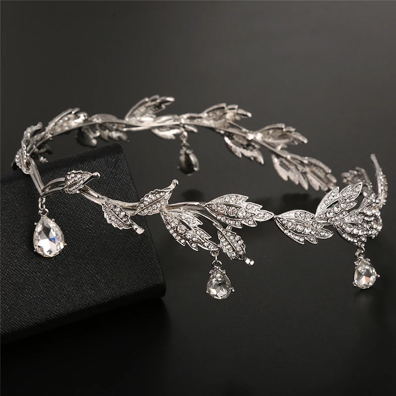 Vintage Crystal Bridal Hair Accessory Wedding Rhinestone Waterdrop Leaf Tiara Crown Headband Frontlet Bridesmaid Jewelry | Украшения и