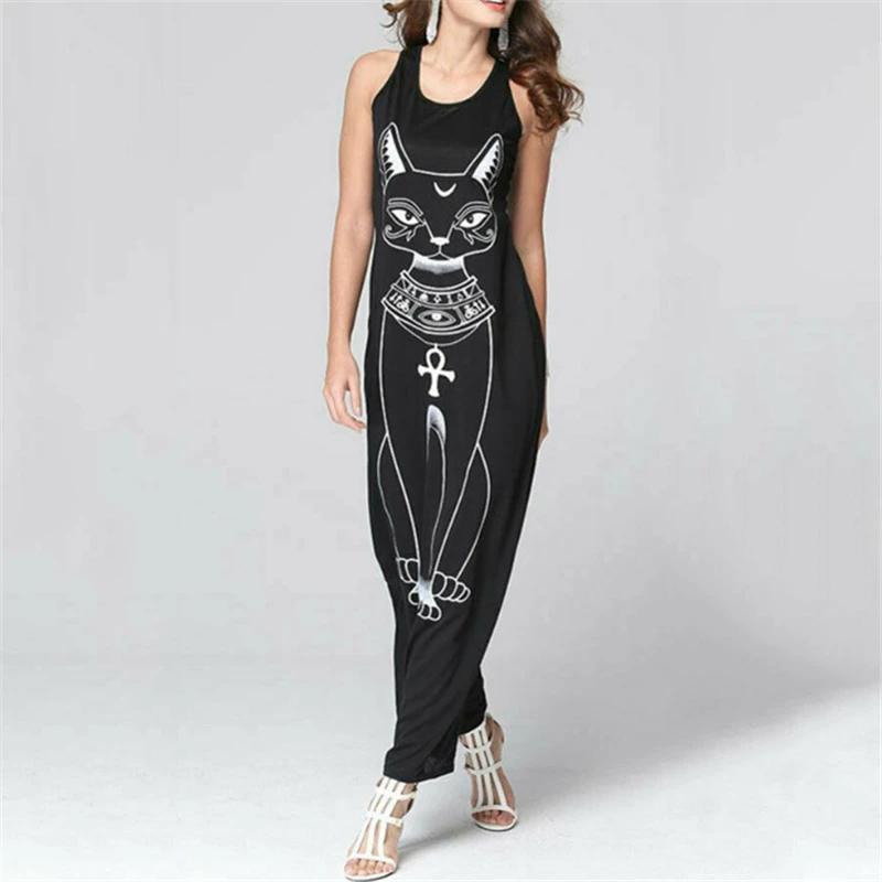 Платье с принтом кота женское летнее сексуальное повседневное длинное вечернее