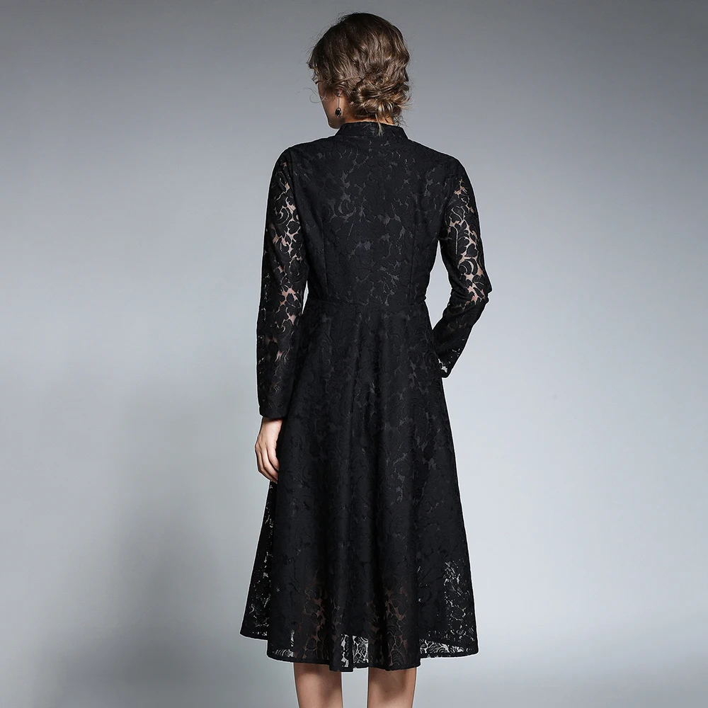 Винтажные синие кружевные платья для женщин осень 2018 платье с длинным рукавом и
