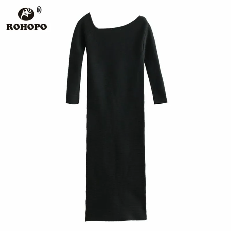ROHOPO One Shouder Autumn Long Sleeve Midi Dress Solid Black Knitted Elastic Slim Body Straight Casual Vestido #UK8647 | Женская одежда