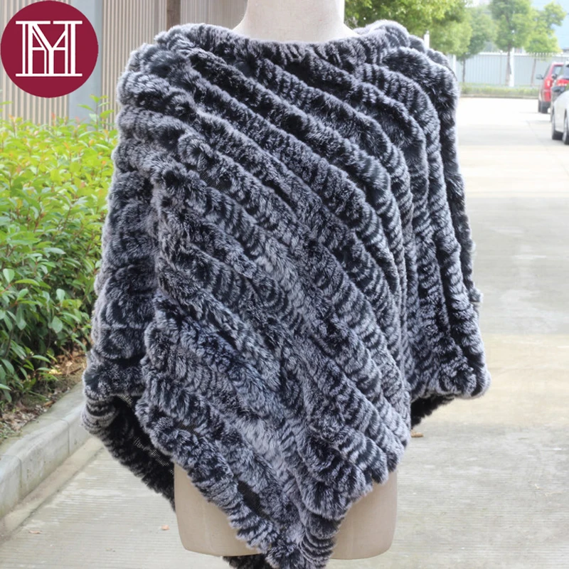 Женский вязаный пончо из кроличьего меха демисезонный шарф-накидка натурального