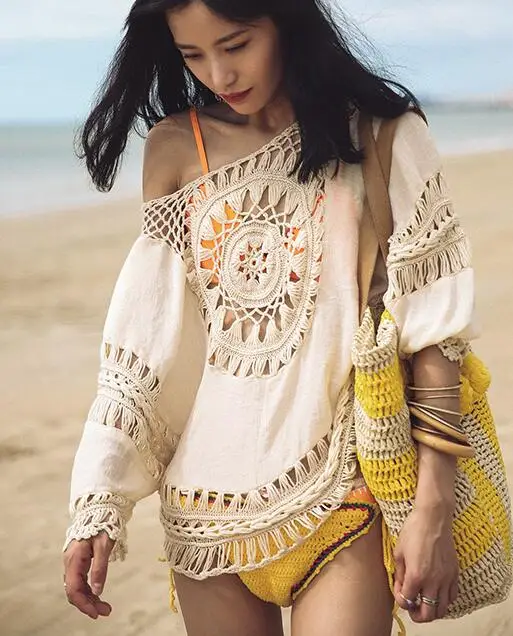 Женская летняя пляжная рубашка в богемном стиле блузка бикини с рукавами летучая