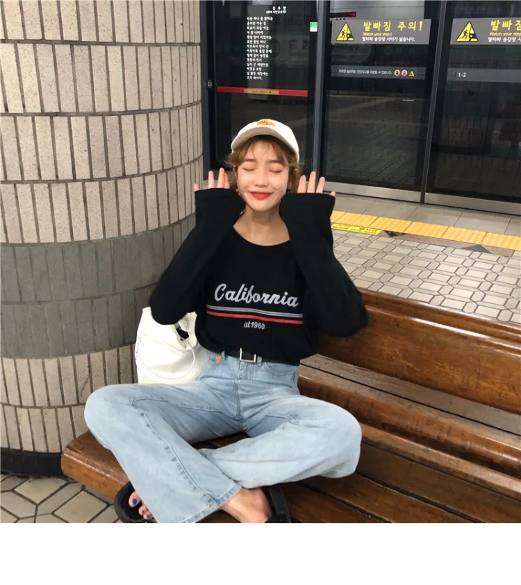 Женская футболка в Корейском стиле Ulzzang Harajuku, Повседневная футболка с буквенным принтом и длинным рукавом для женщин, свободная желтая футболка с круглым вырезом, топы
