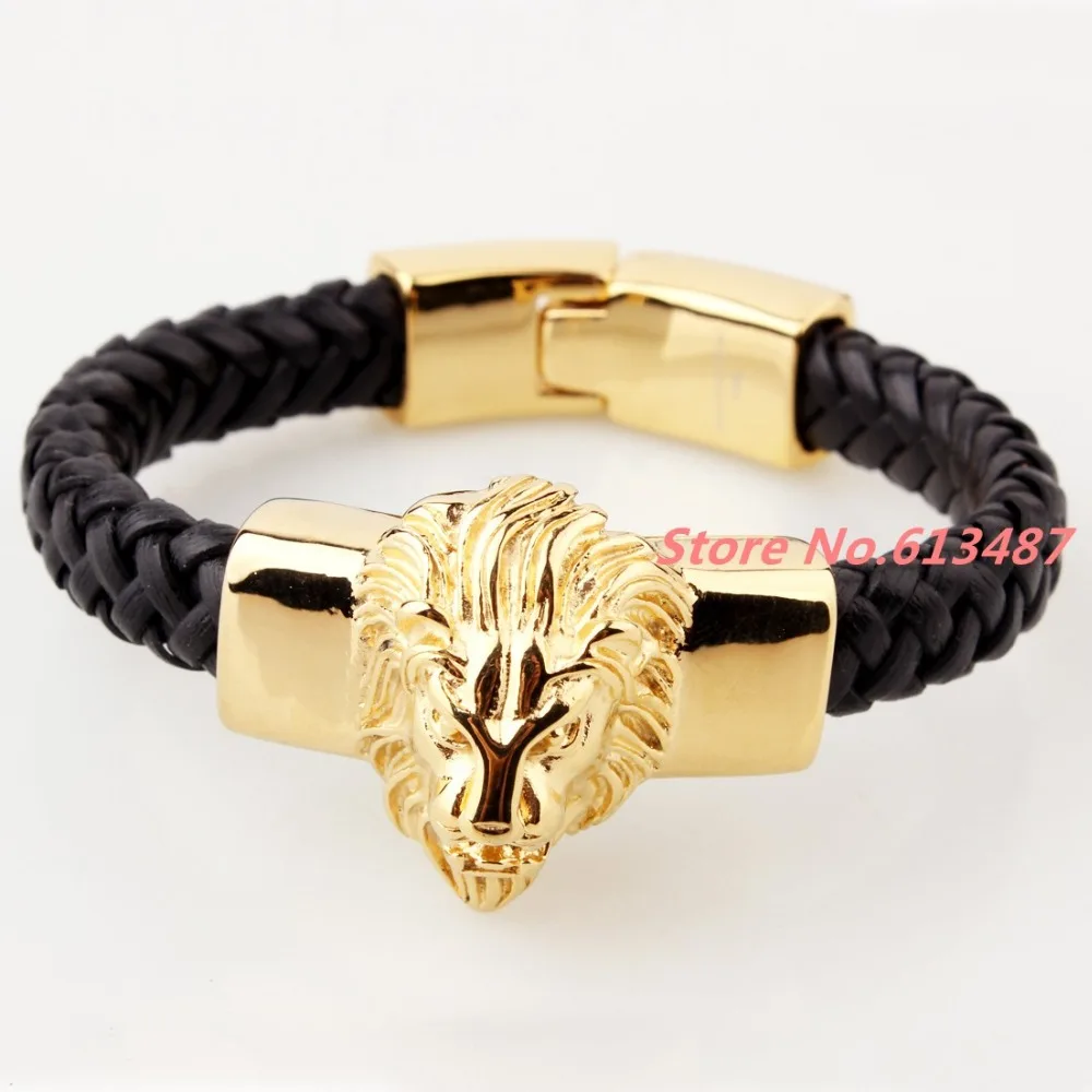 Мужской кожаный браслет черный Байкерский из нержавеющей стали 316L с золотым