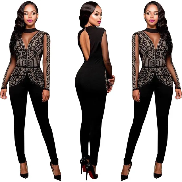 Сетка горячей бурения вечерние бинты Bodycon Комбинезоны S-XXXL плюс Размеры с длинным