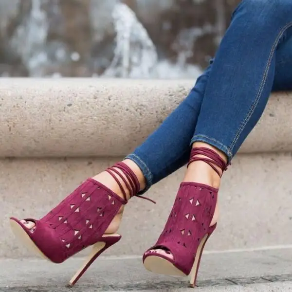 

New Arrivals Burgundy Suede Hollow Heels Gladiator Sandals Women Lace-up Ankle Wrap Peep Toe Women Sandals Shoes 2019 Banquet