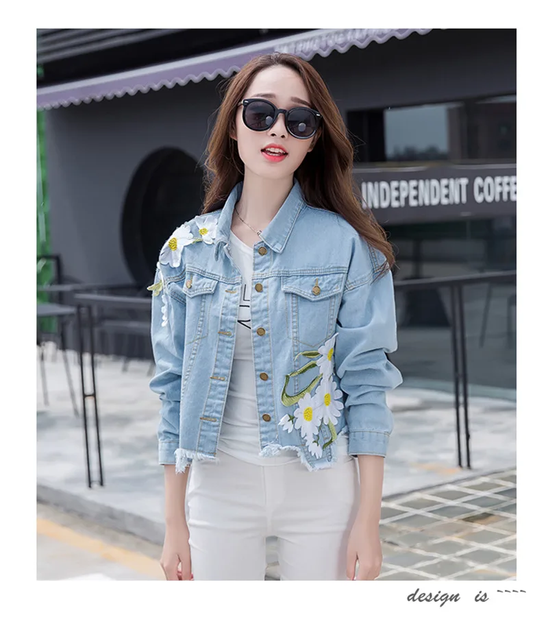 2017 Новая мода поступление Для женщин Вышивка Джинсовые куртки Винтаж