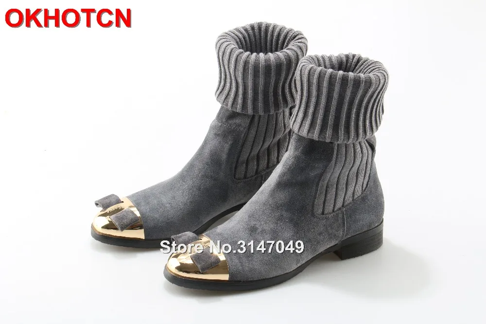 

Fashion Metal Bowtie Toe Snow Boots Woman Grey Green Sweater Leg Ankle Long Boots Slip On Flat Winter Suede Leather Shoes Women