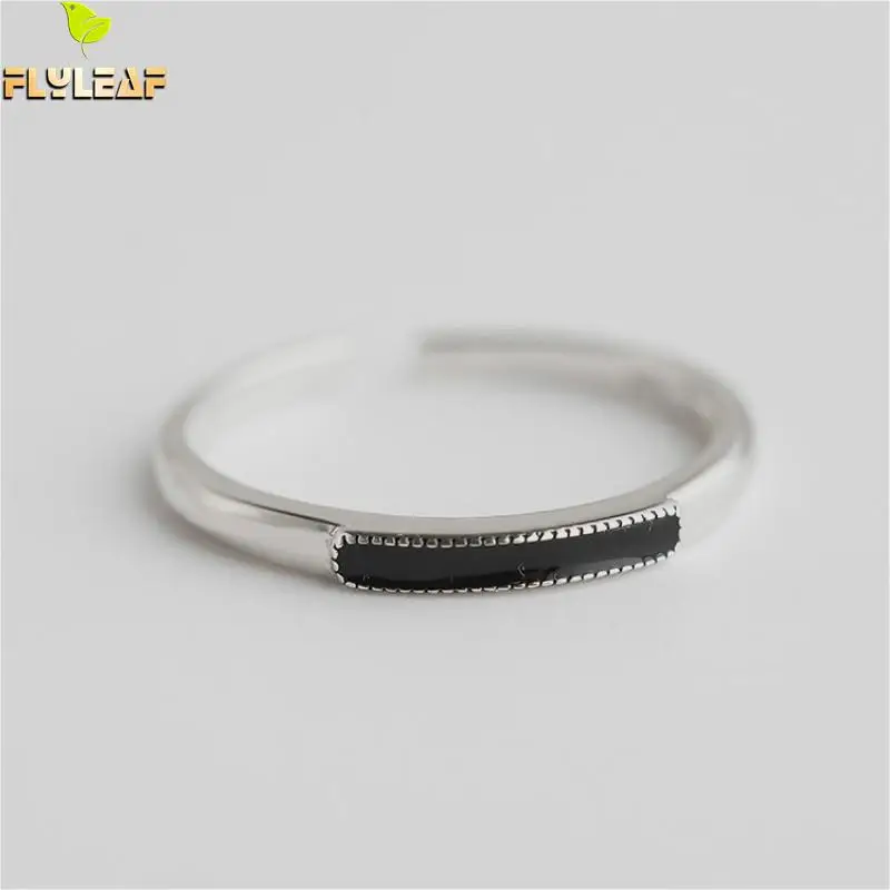 

Flyleaf 925 Sterling Silver Rings For Women Rectangular Obsidian Femme Fashion Fine Jewelry Simple Open Ring High Quality