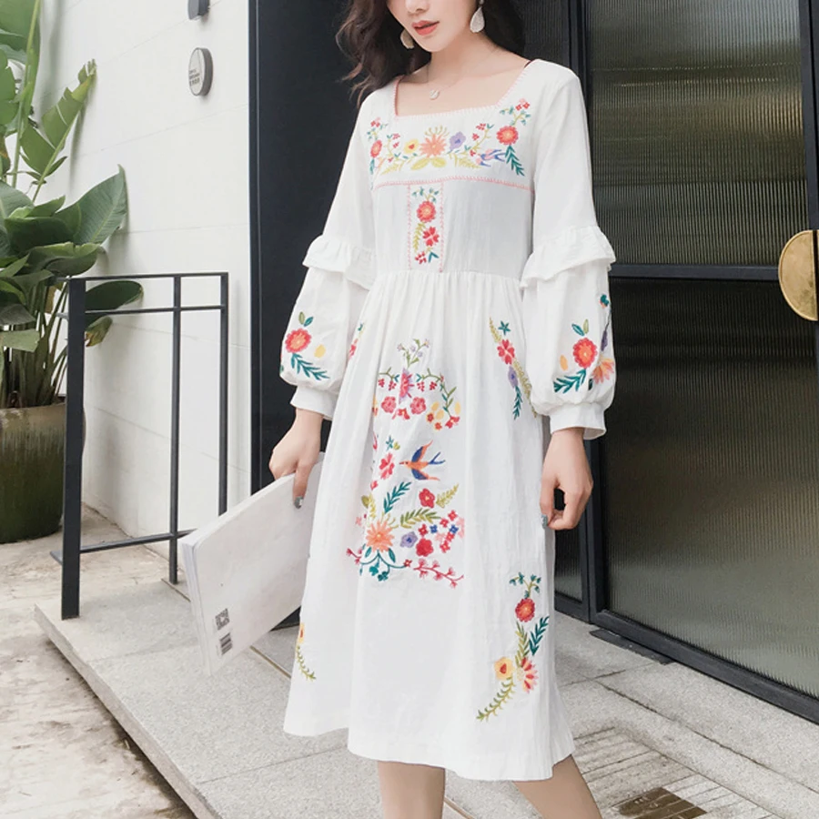TEELYNN long dress vintage floral Embroidery cotton lantern sleeve boho dresses Square collar women vestido | Женская одежда