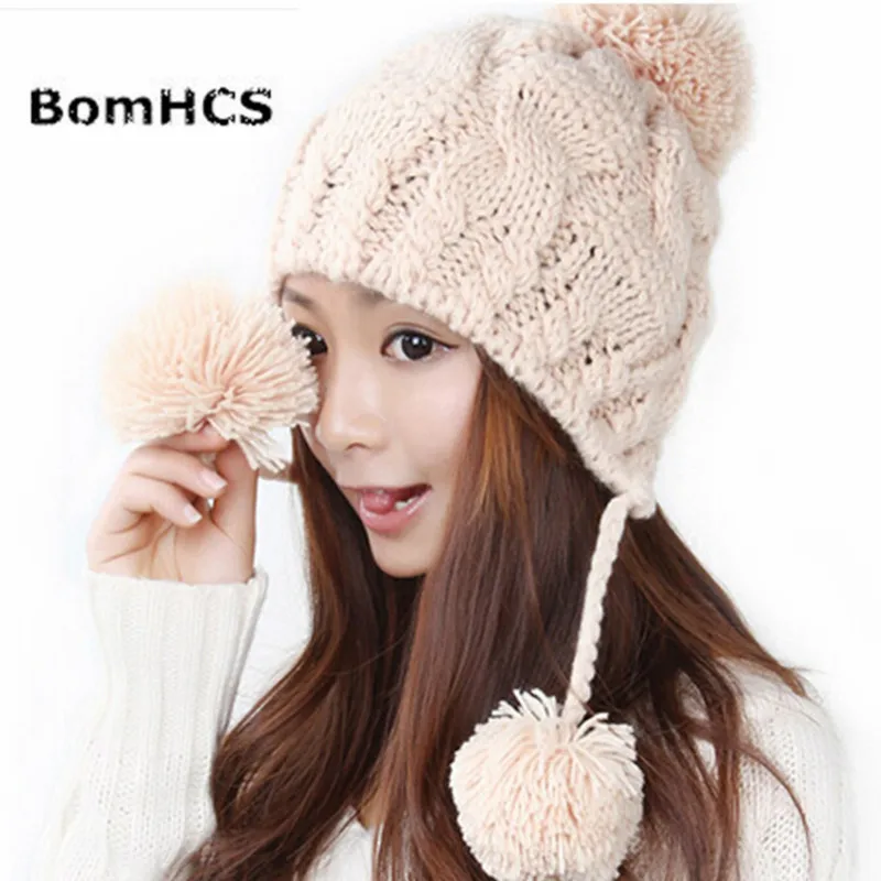 BomHCS простая Милая Шерстяная Шапка бини с ушками для женщин и девушек осенне