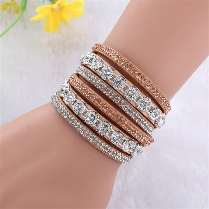 DIEZI Pulseira Feminina браслеты для женщин Многослойные Кожаный браслет со стразами с