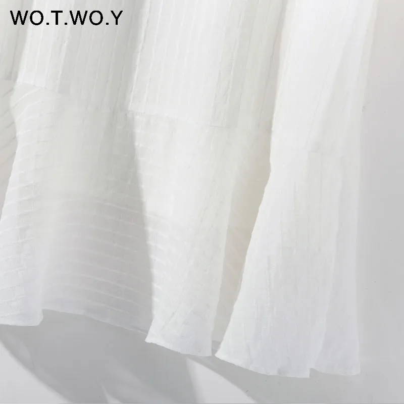 WOTWOY 2019 летние белые Мини платья женские с оборками и круглым вырезом длинным
