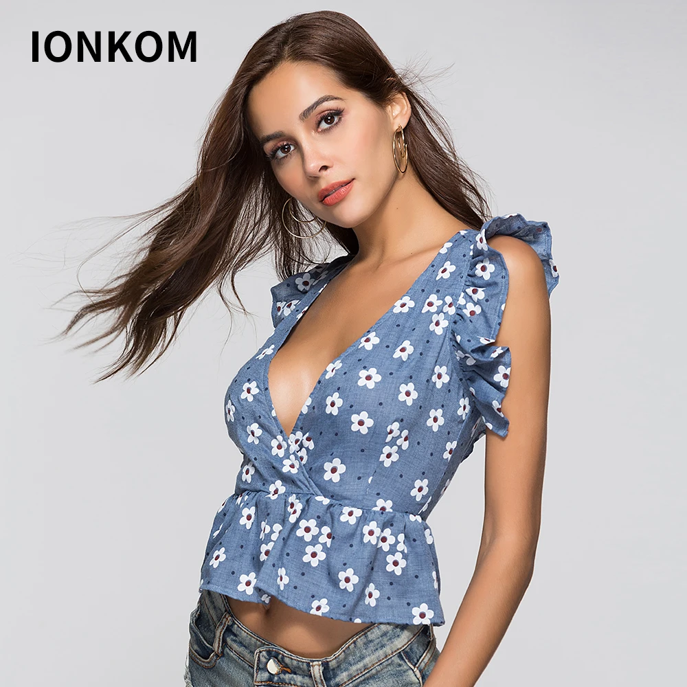 IONKOM Пляжная блузка с цветочным принтом без рукавов вырезом v-образным на спине