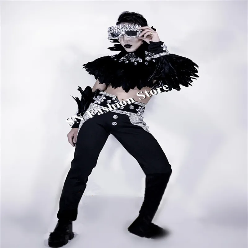 

CC56 Стразы плащ с перьями для бальных танцев мужская одежда костюм очки певица сценический пиджак подиумный шоу ткань вечерние dj выступлени...