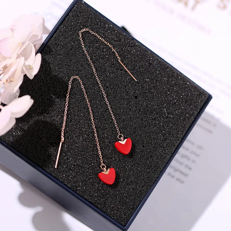 

YUN RUO New Arrival Fashion Red Heart Tassel Stud Earring Rose Gold Color Woman Birthday Gift Titanium Steel Jewelry Never Fade