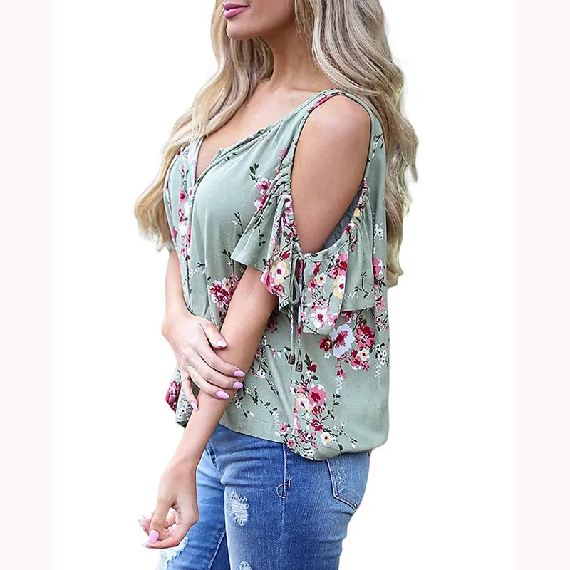 Женская хлопковая футболка с коротким рукавом V образным вырезом и цветочным